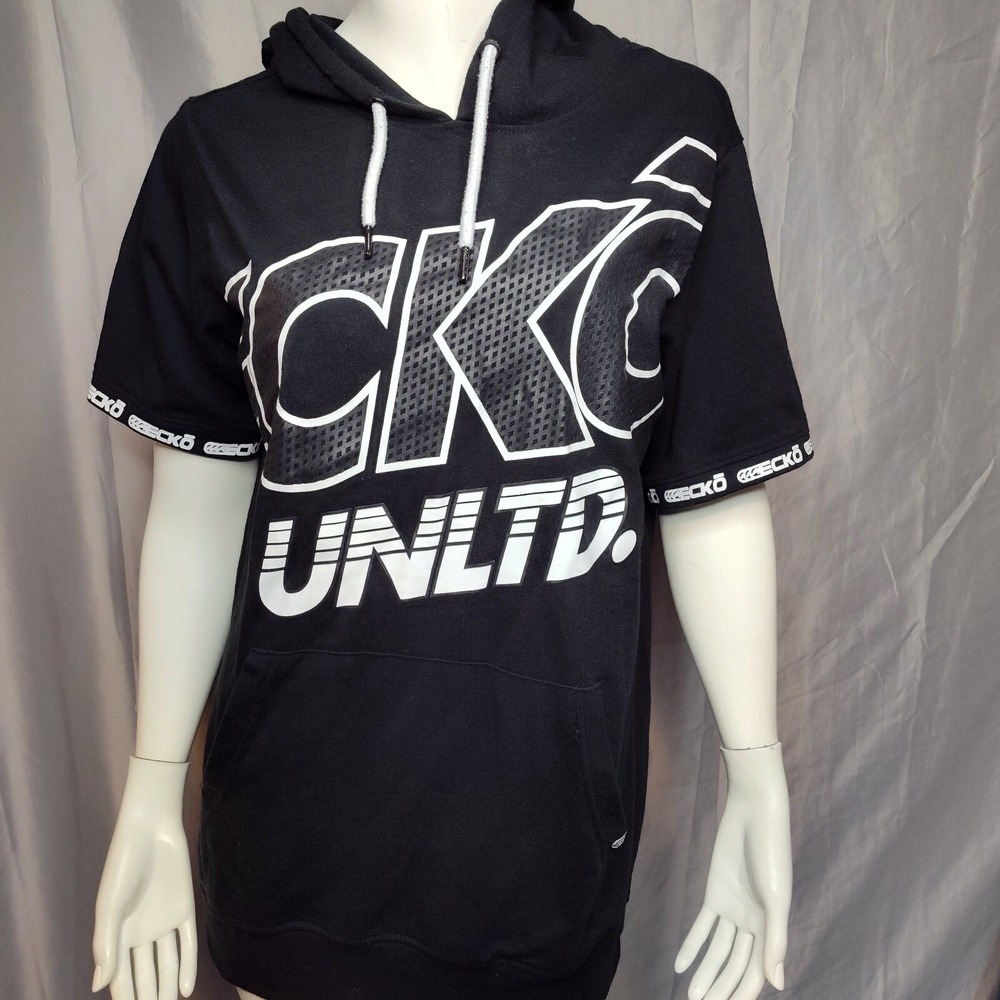 Y2K ecko unltd med short sleeve hoodie athletic running black graphic drawstring